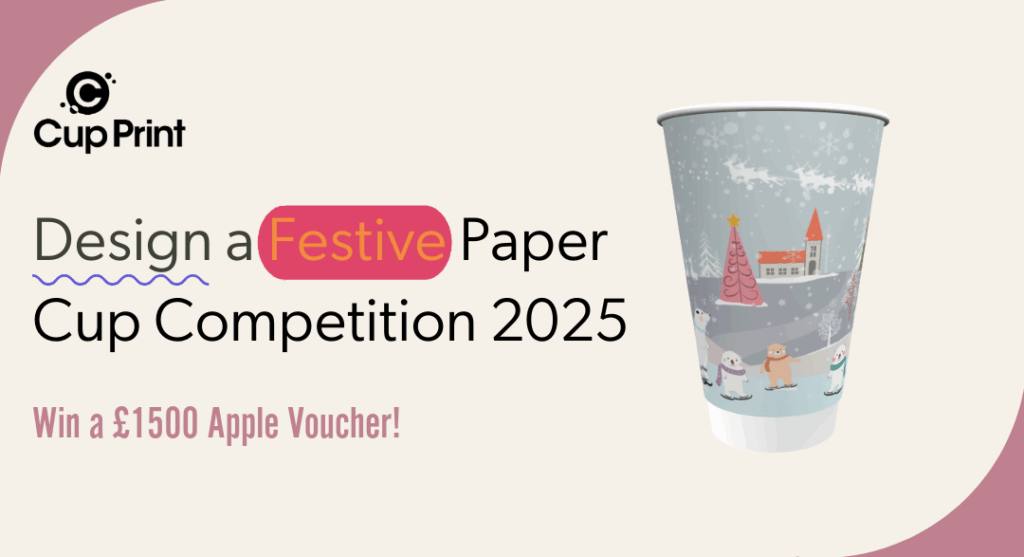 A festive, seasonal winter chsristmas scene printed onto a paper cup for use in a design competition for a low plastic double wall cup